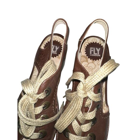 Fly London Brown Leather Lace-Up Peep Toe Wedge Sandals Size 9 - Picture 5 of 9